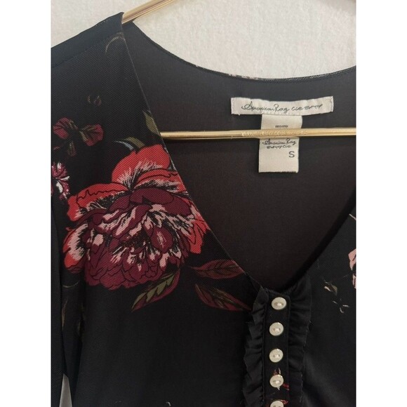 American Rag Black Red Floral Mini Dress Sheer Long Sleeve Boho Romantic Size S - Picture 2 of 14
